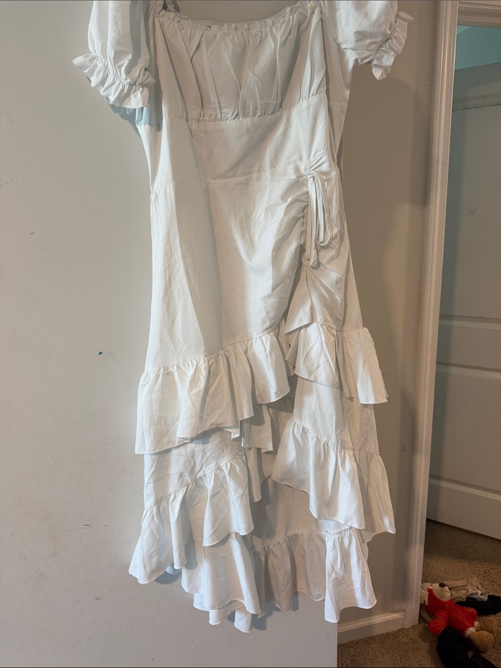 SHEIN White Asymmetrical Ruffle Midi Dress with Puff Sleeves